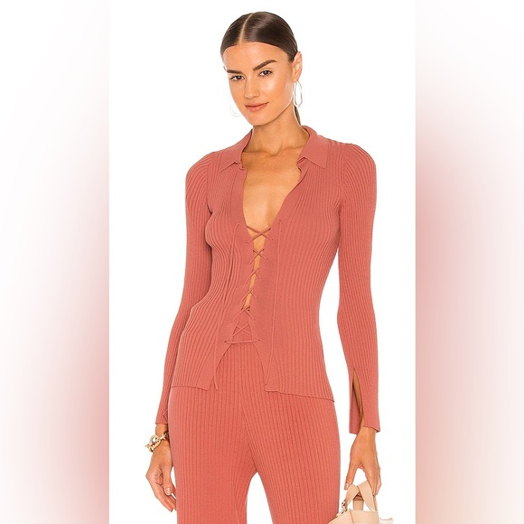 Cult Gaia Faye Cardigan Size M Lace Up Split-Cuff Long Sleeve Ribbed Knit Jasper - Picture 1 of 15